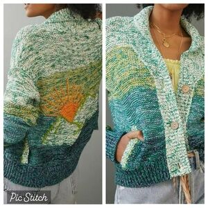 PILCRO Anthropologie Sunset Embroidered Cardigan in Green Sz XS Wearable Art